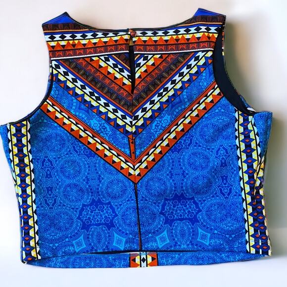 🔥Bisou Bisou High-Neck Scuba Crop Top Boho Tribal Southwestern Geo Y2K Blue L - Picture 2 of 6